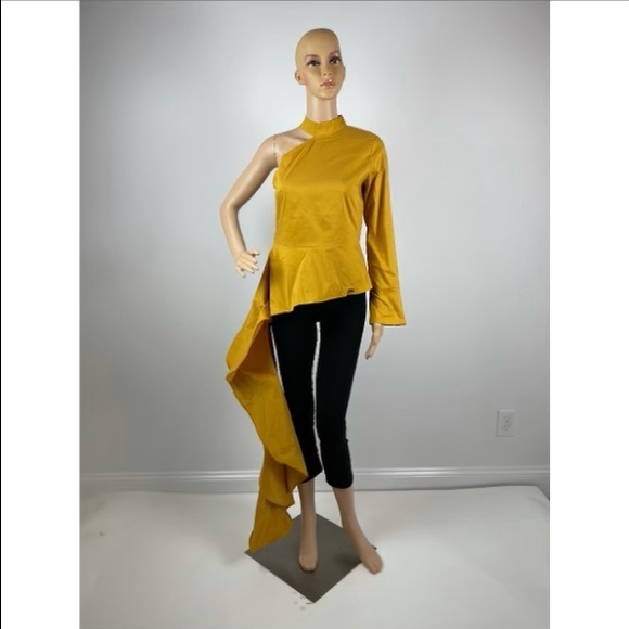 Yellow Asymmetrical Ruffle Peplum Top - Picture 6 of 8
